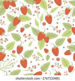 Seamless pattern with strawberries and leaves. Colorful summer background with berries and foliage. Hand drawn vector illustration. Design for wallpaper, textile, wrapping.