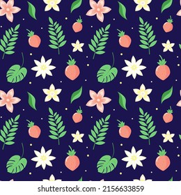 Seamless pattern with strawberries leaves and flowers on dark background. Perfect for textile, wallpaper, posters.