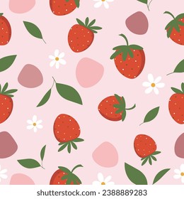 seamless pattern of strawberries , leaves and flowers  on pastel pink background  , vector,illustration