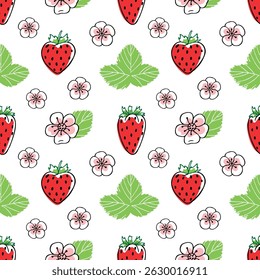 Seamless pattern with strawberries, leaves and flowers on a white background. Colorful summer illustration with berries