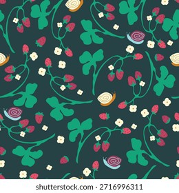 Patrón sin fisuras con fresas, hojas, flores y caracoles. Patrón de dibujos animados sobre fondo oscuro.