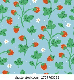 Seamless pattern with strawberries, leaves, and flowers on a blue background. Vector graphics.