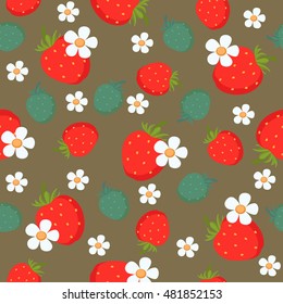 Seamless Pattern of strawberries with leaves and flowers on brown background