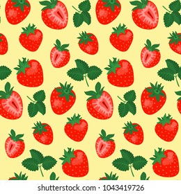 Seamless pattern with strawberries and leaves on yellow background. Good for textile, wrapping, wallpapers, etc. Vector illustration.