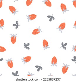 Seamless pattern with strawberries and leaves on white background scandinavian style for child fabric, textile, nursery, wallpaper