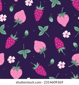 Seamless pattern with strawberries and leaves on a dark background. Vector graphics.