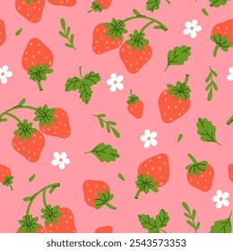 Seamless pattern with strawberries and leaves on a pink background. Vector graphics.