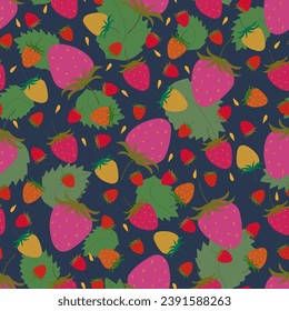 Seamless pattern with strawberries, leaves and seeds. Endless texture on dark blue background.