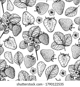 Seamless Pattern With Strawberries, Leaves And Strawberry Flowers. Hand Drawn Sketch. Black And White Style Illustration. Vector Illustration.