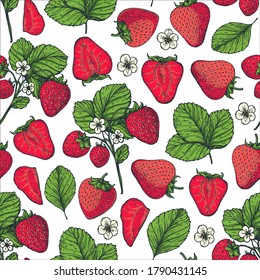 Seamless pattern with strawberries, leaves and strawberry flowers. Hand drawn. Vector illustration.