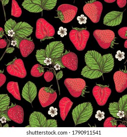 Motif harmonieux de fraises, feuilles et fraises. Dessiné à la main. Illustration vectorielle.