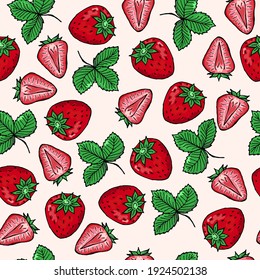 seamless pattern with strawberries and leaves. vector illustration of bright colors, summer background for notebooks, paper, packaging and textiles