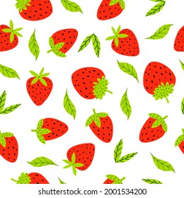 Seamless pattern with strawberries and leaves.Vector illustration with strawberries for decorating dresses, clothes, fabrics, wallpapers. Flat doodle style. Hand-drawn. A sweet fruit.