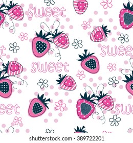 Seamless pattern with strawberries, lettering and floral elements