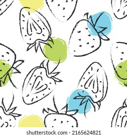 Seamless pattern with strawberries and multicolored shapes