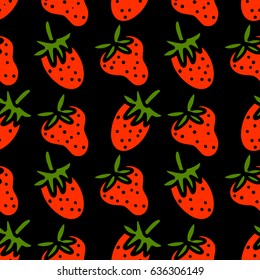 Seamless pattern with strawberries on black background. Food print, wallpaper