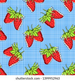 Seamless pattern of strawberries on a blue background. Strawberry. Uniform distribution of elements.Texture background. Weaving threads. For design and decor of fabric, paper, Wallpaper.
