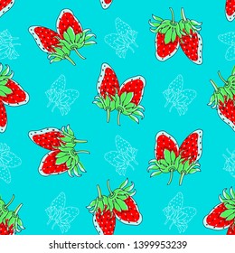 Seamless pattern of strawberries on a blue background. Strawberry. Uniform distribution of elements. For design and decor of fabric, paper, Wallpaper.