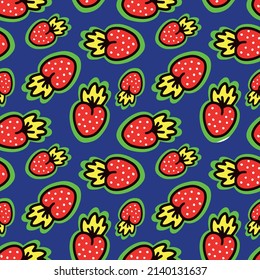 Seamless pattern with strawberries on a blue background. Vector illustration