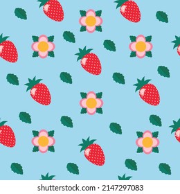 Seamless pattern with strawberries on a blue background