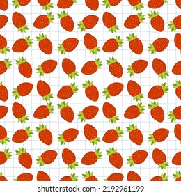 Patrón sin foco con fresas sobre líneas azules. Patrón de papel envuelto. Vector de fondo decorativo.