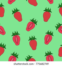Seamless pattern with  strawberries on a green background.