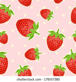 Seamless pattern with strawberries on pink polka dot background.
