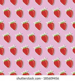 Seamless pattern with strawberries on the pink dotted background
