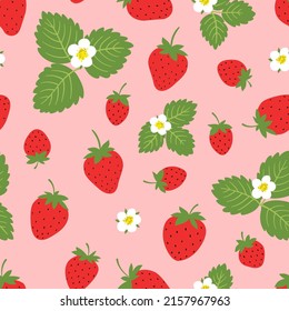 Seamless pattern with strawberries on pink background. Summer  vector illustration. Texture for print, textile, fabric, packaging.