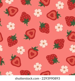 Seamless pattern with strawberries on a pink background. Vector graphics.
