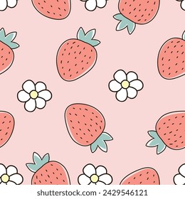 Seamless pattern with strawberries on a pink background. Vector illustration. Cute baby background for girls.