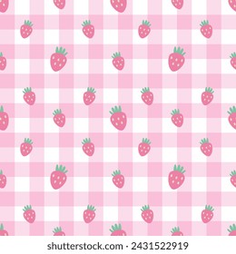 seamless pattern with strawberries on pink plaid 