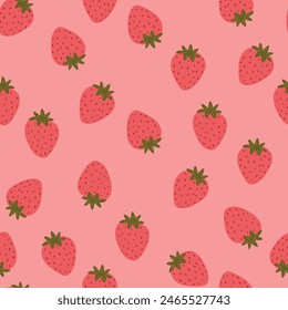 Seamless pattern with strawberries on pink background. Cute colorful spring pattern for fabric, wrapping paper, clothes.