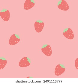 Seamless pattern with strawberries on pink background. Cute colorful spring pattern for fabric, wrapping paper, clothes.