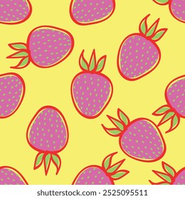 Seamless pattern with strawberries on pink background. Cute colorful spring pattern for fabric, wrapping paper, clothes.