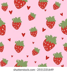 Seamless pattern with strawberries on pink background. Strawberry with heart. Editable vector illustration for wrapping paper, packaging, fabric, room decor, phone case etc. 