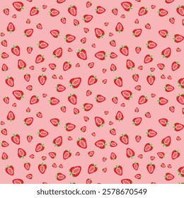 Seamless pattern with strawberries on pink background. Vector illustration.