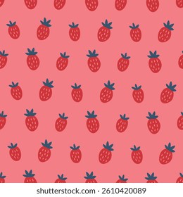 Seamless pattern with strawberries on pink background. Perfect for wallpaper, gift paper, spring and summer greeting cards. Vector hand drawn illustration