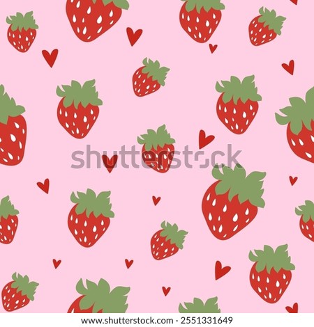Seamless pattern with strawberries on pink background. Strawberry with heart. Editable vector illustration for wrapping paper, packaging, fabric, room decor, phone case etc. 