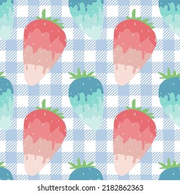 Seamless pattern with strawberries. Strawberries on plaid. Patterns of wrapping paper, packaging, bedding and pillows.