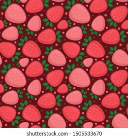 Seamless pattern with strawberries on red background. Juicy design for fabric, wallpaper, textile, tableclothes, web design.