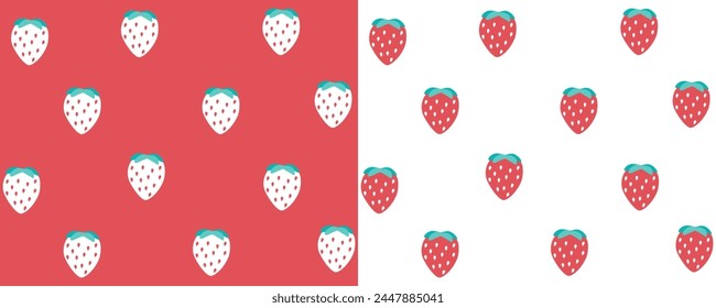 Seamless pattern with strawberries on a red background drawn by hand. Natural fresh ripe delicious berries. Vector illustration for print and design in flat style. The concept of proper nutrition.