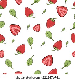Seamless pattern with strawberries on a white background.Juicy strawberries and leaves. 