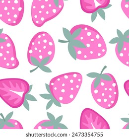 Patrón sin costuras con fresas sobre un fondo blanco. Ilustración para imprimir en postales, ropa y papel de embalaje. Ilustración vectorial.