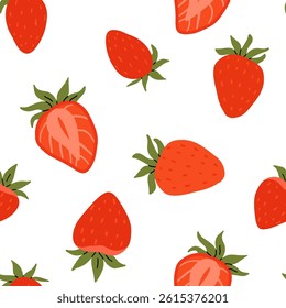 Seamless pattern with strawberries on white background. Cute colorful spring pattern for fabric, wrapping paper, clothes.