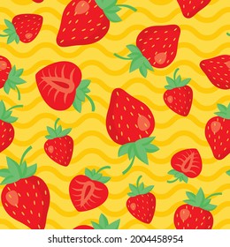 Seamless pattern with strawberries on a yellow background with waves.