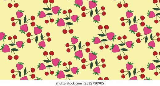 Seamless pattern of strawberries on a yellow background. Repeating hand drawn elements. Design for textiles, wrapping paper, web design. Vector illustration.