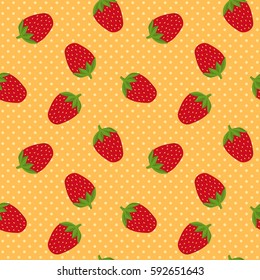 Seamless pattern with strawberries on yellow polka dot background. Colorful, beautiful and bright vector illustration. Good for wallpaper, wrapping paper, textile, package design.
