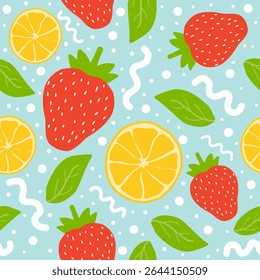 Seamless pattern with strawberries, oranges, and green leaves on a blue background. Fresh and sweet summer vibe. Perfect for banners, websites, wallpaper, and digital prints.