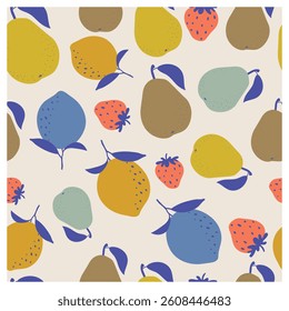 Seamless pattern, with strawberries, pear, lemon. Berries Pattern. Food pattern. Hand drawn vector illustration. For kids 